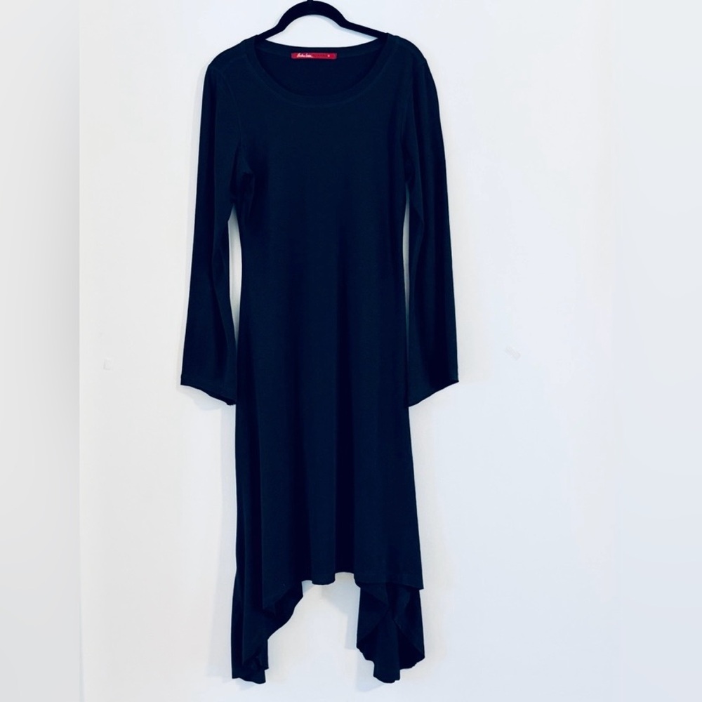 Barbara Lesser Midi Handkerchief Style Long Sleeve Black Dress Size S